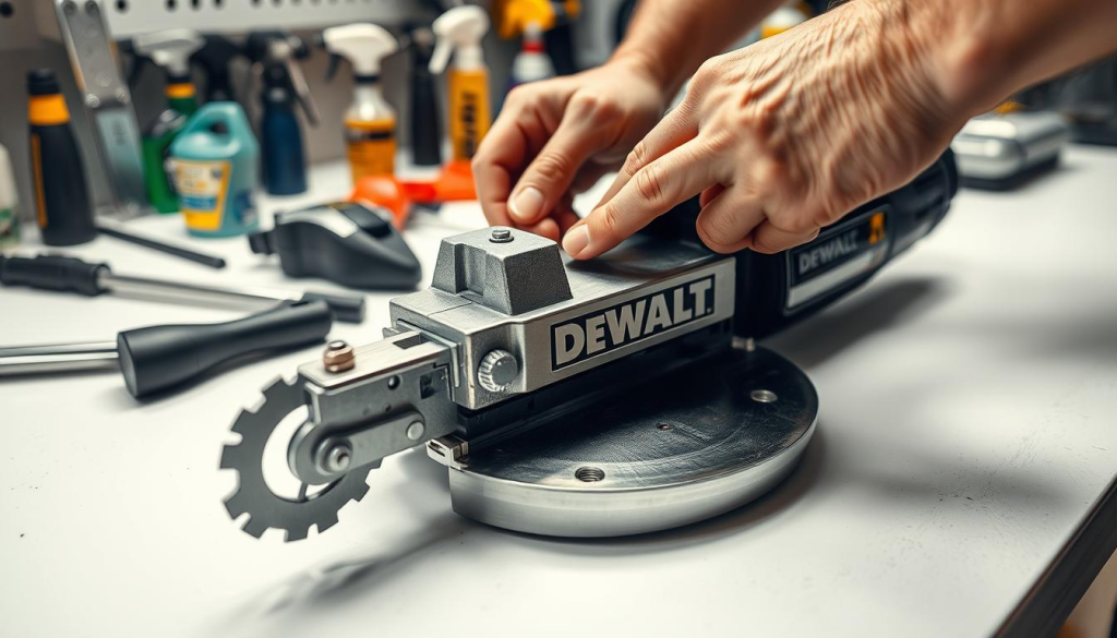 A close-up view of a Dewalt edger attachment undergoing maintenance. The device is resting on a clean, well-lit workbench, its metal components gleaming under soft, directional lighting. The user's hands are carefully inspecting the blade, checking for any signs of wear or damage. In the background, various tools and cleaning supplies are neatly arranged, suggesting a methodical approach to maintaining the attachment for long-term performance. The scene conveys a sense of professionalism and attention to detail, reflecting the importance of proper maintenance for ensuring the longevity of this essential lawn care tool.