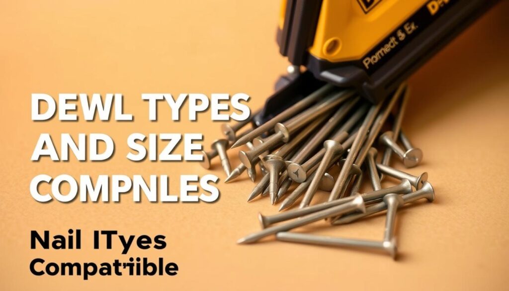 A close-up view of a collection of DeWalt 20V framing nailer nails, displayed on a plain background with warm, soft lighting. The nails, in various lengths and gauges, are arranged neatly and precisely, showcasing their high-quality construction and attention to detail. The scene conveys a sense of technical precision and the reliable performance of these fasteners, which are essential for the DeWalt 20V Framing Nailer. The image captures the essence of the "Nail Types and Sizes Compatible" section, providing a visually appealing and informative illustration for the article.