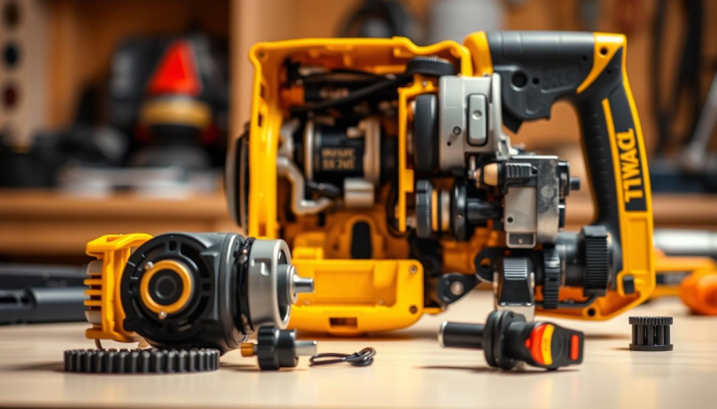 A close-up view of a disassembled Dewalt 860 power tool, showcasing its intricate inner workings. The foreground features the various components, such as the motor, gears, and switches, meticulously arranged on a clean, well-lit workbench. The middle ground depicts the tool's housing in vibrant yellow, emphasizing its sturdy construction. The background is softly blurred, creating a sense of focus on the maintenance process. Warm, directional lighting casts subtle shadows, accentuating the textures and details of the parts. The overall mood is one of technical precision and attention to detail, reflecting the importance of proper maintenance for ensuring the longevity of this versatile power tool.