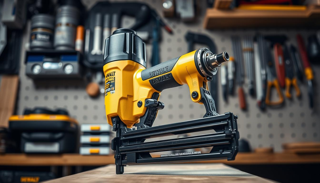 A close-up view of a high-quality DEWALT Roofing Nailer, showcased against a backdrop of a neatly organized workbench. The tool's sleek, black and yellow design stands out, the details of its construction and features clearly visible. Bright, directional lighting illuminates the nailer, casting subtle shadows that accentuate its form and texture. The overall scene exudes a sense of professionalism and attention to detail, reflecting the precision and power of this essential roofing tool.