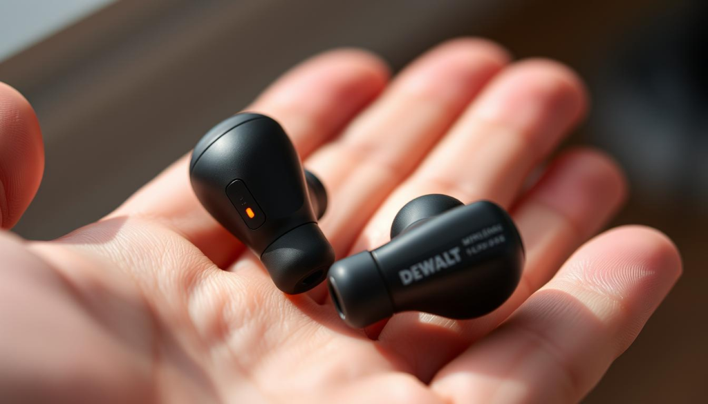 A close-up view of a pair of DEWALT wireless earbuds resting comfortably in the user's hand. The earbuds have a sleek, rugged design with a matte black finish, showcasing their durability. The earpieces feature soft, pliable silicone tips that gently conform to the ear's contours, ensuring a secure and comfortable fit. Subtle LED indicators on the earbuds subtly glow, suggesting their power status. Soft, natural lighting illuminates the scene, highlighting the earbuds' premium materials and attention to detail. The background is blurred, keeping the focus on the earbuds and their ergonomic fit.