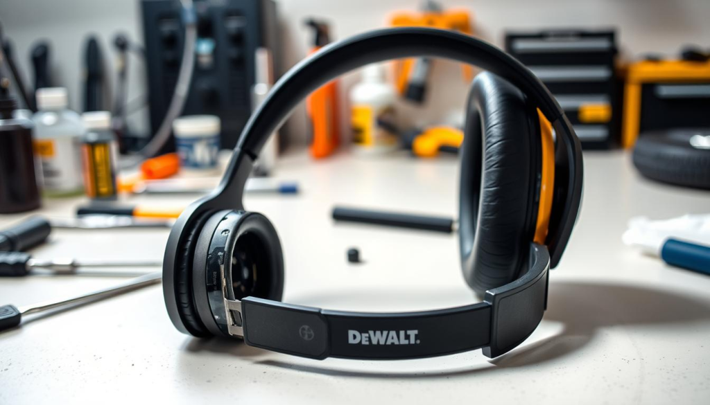 A close-up view of a pair of DeWalt headphones on a clean, well-lit workbench. The headphones are partially disassembled, revealing the internal components. The foreground focuses on the disassembly process, with tools and cleaning supplies neatly arranged around the headphones. The middle ground shows the headphones' exterior in crisp detail, highlighting the sturdy, industrial design. The background is a softly blurred workspace, conveying a sense of professionalism and attention to detail. The lighting is natural and even, casting subtle shadows that accentuate the textures and contours of the headphones. The overall mood is one of focused, methodical maintenance, reflecting the importance of proper care for durable audio equipment.