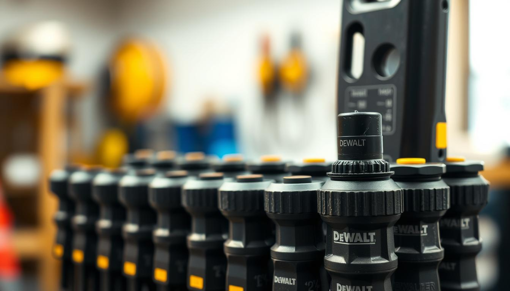 A close-up view of a selection of DeWalt pressure washer nozzles in a well-lit, clean, and organized workshop setting. The nozzles are arranged in a neat row, their different colors and sizes clearly visible. The lighting casts a soft, even glow, highlighting the detailed textures and the high-quality construction of the nozzles. The background is slightly blurred, allowing the nozzles to be the focal point of the image, conveying a sense of professionalism and attention to detail in the operation of the pressure washer.