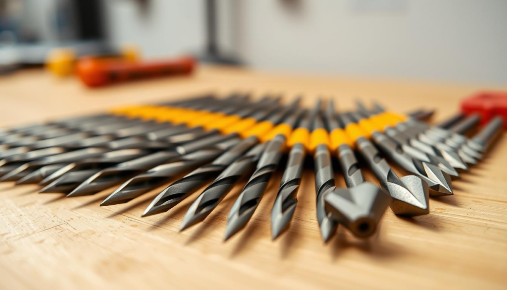 A close-up view of a well-organized Dewalt drill bit set, neatly arranged on a clean, wooden workbench. The bits are of various sizes, meticulously laid out to showcase their intricate designs and sharp, gleaming edges. Soft, diffused lighting from above illuminates the scene, casting gentle shadows that accentuate the three-dimensional form of the tools. The background is blurred, allowing the viewer to focus solely on the drill bits and their maintenance. The overall mood is one of precision, attention to detail, and the pride of a well-maintained tool collection.