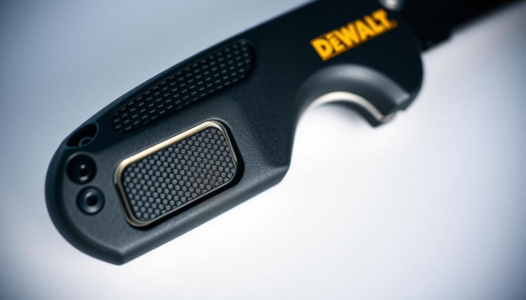 A close-up view of an ergonomically designed handle for a DEWALT pocket knife, captured in high-resolution with a macro lens. The handle features a textured grip surface, slightly curved shape, and a pronounced finger groove for a secure and comfortable hold. The lighting is soft and diffused, highlighting the intricate details and materials, which may include a combination of metal, rubber, and high-impact polymer. The composition places the handle in the center, with a clean, neutral background that allows the design elements to stand out prominently.