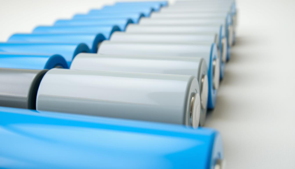 A close-up view of several lithium-ion batteries, arranged neatly in a row against a clean, neutral background. The batteries are shown in vibrant shades of blue and grey, with a glossy, high-quality finish that suggests their advanced technology. The lighting is soft and even, highlighting the sleek, modern design of the batteries. The image conveys a sense of sustainability and environmental responsibility, aligning with the section title "Sustainability and Environmental Impact."