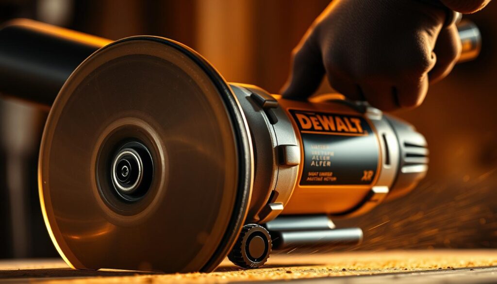 A close-up view of the DEWALT XR grinder, showcasing its impressive safety features. The foreground prominently displays the grinder's guard, meticulously crafted to shield the user from accidental contact with the spinning disc. The middle ground reveals the ergonomic, slip-resistant grip and the sturdy, well-balanced construction, instilling a sense of confidence and control. The background highlights the grinder's powerful XR brushless motor, radiating a sense of industrial strength and reliable performance. The scene is illuminated by a warm, directional light source, casting dynamic shadows that emphasize the grinder's robust design and attention to safety. The overall composition conveys a sense of safety, power, and professional-grade engineering.