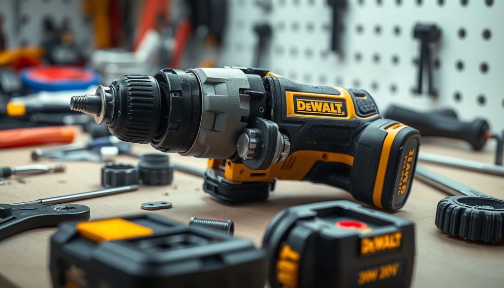 A close-up, well-lit photograph of a DeWalt 20V impact driver being carefully maintained. The driver is disassembled on a clean, organized workbench, with various tools and parts neatly arranged around it. The lighting is bright and directional, emphasizing the intricate details of the driver's internal components. The background is blurred, keeping the focus on the maintenance process. The overall mood is one of precision, care, and attention to detail, reflecting the importance of proper maintenance for the longevity of this powerful tool.