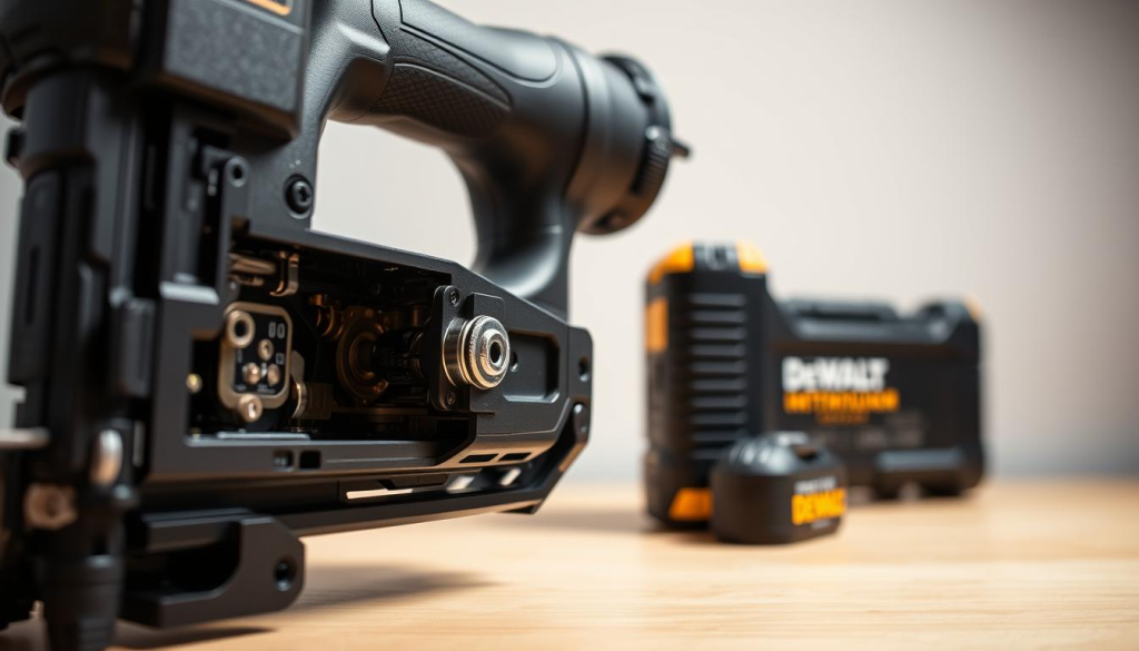 A close-up, well-lit photograph of a Dewalt 20V finish nailer, showcasing its internal components and maintenance features. The foreground features the open nailer mechanism, revealing the precision-engineered parts and the maintenance access points. The middle ground highlights the battery compartment and the controls, conveying the ease of use and accessibility. The background provides a clean, neutral setting, allowing the tool to be the focal point. The lighting is soft and directional, accentuating the metallic textures and the intricate details of the nailer. The overall mood is one of technical precision, inviting the viewer to explore the meticulous care and maintenance required for this versatile cordless woodworking tool.