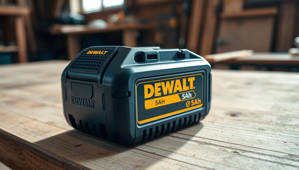 A closeup shot of a DEWALT 5Ah lithium-ion battery pack, resting on a wooden workbench in a well-lit workshop. The battery's blue and yellow color scheme contrasts with the warm, rustic tones of the wood. Detailed textures of the battery's durable casing and interlocking cells are visible, conveying a sense of power and reliability. Soft shadows cast by the battery create depth and dimensionality, while a shallow depth of field focuses the viewer's attention on the battery's form. The lighting is natural and slightly diffused, creating a clean, professional atmosphere that complements the DEWALT brand's reputation for high-performance tools.