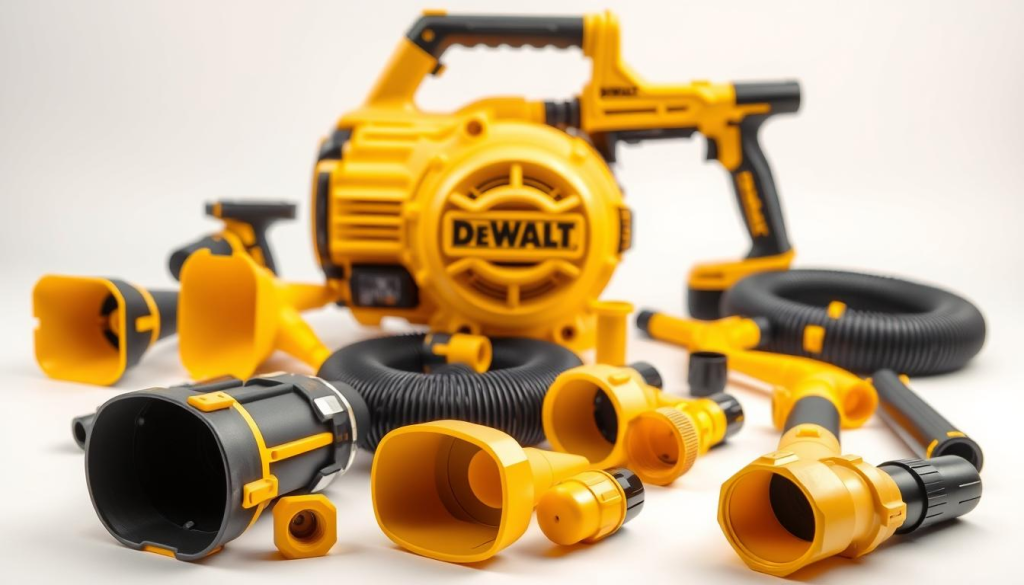 A closeup still life of various DEWALT air blower accessories arranged on a clean, white studio surface. The foreground features a selection of nozzle attachments, hoses, and adapter fittings in the brand's signature yellow and black colors. The middle ground showcases the air blower itself, its powerful motor and ergonomic grip showcased in excellent detail. The background is softly lit, highlighting the technical precision and durability of these professional-grade tools. The overall composition conveys the versatility and effectiveness of the DEWALT air blower system for efficient outdoor cleaning and maintenance tasks.