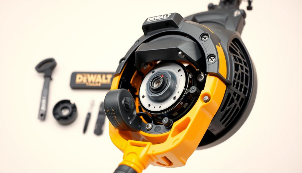 A closeup view of a disassembled Dewalt weed eater head, showcasing the internal components and mechanisms against a neutral, well-lit background. The foreground should focus on the spool, trimmer line, and adjustment knobs, allowing the viewer to clearly examine the parts and identify potential issues. The middle ground could include additional Dewalt branded parts or tools related to weed eater maintenance and troubleshooting. The background should be clean and uncluttered, allowing the subject to be the central focus. Use a crisp, high-resolution lens to capture fine details and textures, conveying a technical, problem-solving atmosphere.