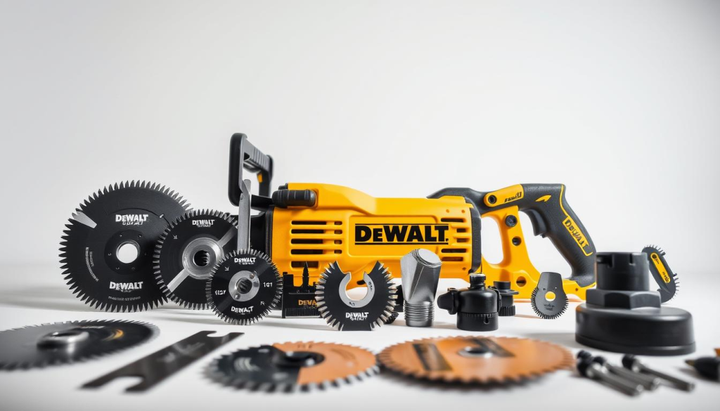 A collection of DeWalt XR Sawzall accessories, meticulously arranged against a clean, well-lit background. In the foreground, various blades and attachments are displayed, their sharpened edges gleaming under the soft, diffused lighting. In the middle ground, the Sawzall itself takes center stage, its ergonomic design and sturdy construction evident. The background features a minimalist, neutral backdrop, allowing the tools to be the focal point. The overall composition conveys a sense of professionalism and the high-quality engineering that defines the DeWalt brand.