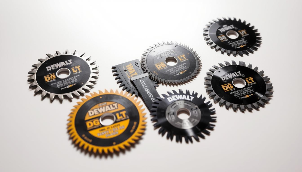 A collection of versatile jigsaw blades, each with distinctive teeth and profiles, meticulously crafted by DEWALT for precise and efficient cutting. Arranged on a clean, well-lit tabletop, the blades are captured from an angled perspective, showcasing their intricate design and varied applications. The lighting creates dramatic shadows, emphasizing the blades' sharp edges and serrated teeth, ready to tackle a wide range of materials. The overall atmosphere conveys the power, durability, and versatility of these DEWALT jigsaw blades, inspiring confidence in their performance.
