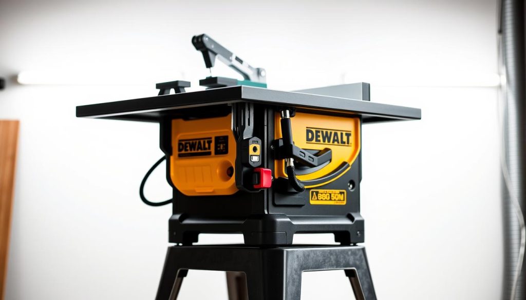 A compact, portable DEWALT jobsite table saw against a clean, well-lit workshop backdrop. The saw sits on a sturdy steel stand, its sleek black and yellow body gleaming under soft, directional lighting. Intricate details of the rip fence, blade guard, and power switch are clearly visible. The angled perspective emphasizes the saw's compact, space-saving design, perfect for on-the-go use. An atmosphere of precision, durability, and functional simplicity pervades the scene, reflecting the saw's purpose-built nature for demanding job site environments.