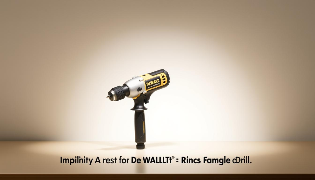 A compact, right-angle drill with a sleek, metallic body sits on a clean, minimalist workbench. Soft, directional lighting casts subtle shadows, highlighting the drill's ergonomic design and precision controls. The drill's head is angled at a perfect 90 degrees, emphasizing its specialized purpose for tight spaces and confined areas. The background is a muted, neutral tone, allowing the drill to be the focal point, showcasing its impressive capabilities for the "Applications for DEWALT's Right Angle Drill" section.