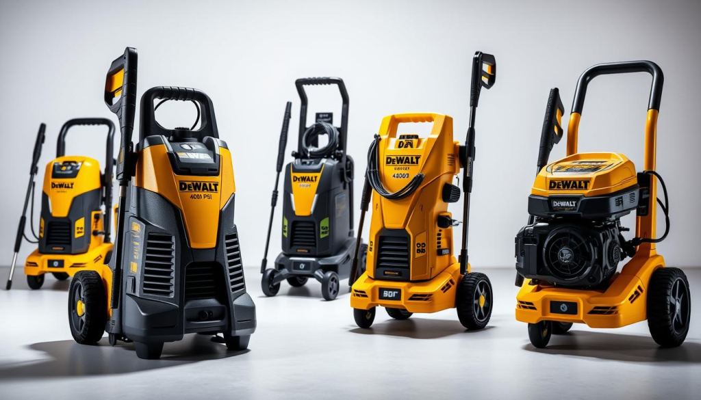 A comparison of several DeWalt pressure washers, showcased in a well-lit, professional product photography setup. The foreground features the DeWalt 4000 PSI model, its sleek design and powerful build highlighted by strategic lighting. In the middle ground, other DeWalt models are presented, their differences in size, features, and capabilities evident. The background provides a clean, minimalist setting, allowing the pressure washers to take center stage. The overall mood is one of clarity, precision, and high-quality craftsmanship, reflecting the technical prowess of the DeWalt brand.