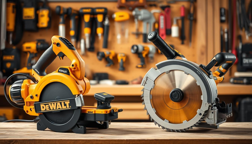A comparison of two DEWALT worm drive saws, showcased against a backdrop of a workshop setting. The saws are positioned prominently in the foreground, meticulously detailed with their distinctive orange and black color schemes. The middle ground features various power tools and workbench accessories, hinting at the saws' versatility and integration within a professional workspace. The background is softly blurred, creating a sense of depth and emphasis on the central subject. Warm, natural lighting casts a subtle glow, highlighting the saws' sturdy construction and attention to detail. The overall composition conveys the power, precision, and reliability of the DEWALT worm drive saw lineup.