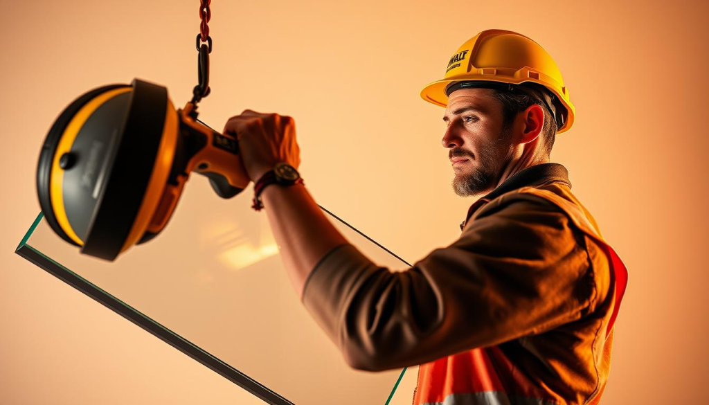 A construction worker expertly wields the Dewalt Grabo Lifter, a heavy-duty suction cup tool, to effortlessly hoist a large, heavy-duty sheet of glass or metal panel. The lifter's powerful suction grips the surface securely, allowing for precise and controlled placement. Warm, directional lighting illuminates the worker's focused expression as they maneuver the load, showcasing the tool's impressive lifting capacity and the user's skilled technique. The scene is set against a clean, minimalist background, emphasizing the Grabo Lifter's practical functionality in professional settings.