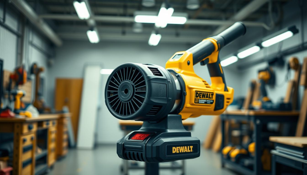 A cordless DEWALT jobsite blower in high detail, set against a clean, well-lit workshop background. The blower is prominently featured in the center, its sleek, modern design accentuated by crisp lighting and shadows. The brushless motor and airflow vents are clearly visible, conveying a sense of power and efficiency. The blower is surrounded by a tidy workspace, with various tools and workbenches in the middle ground. The background is softly blurred, creating depth and focus on the key subject. The overall scene exudes a professional, industrial atmosphere, showcasing the blower's versatility and suitability for a variety of jobsite cleanup tasks.