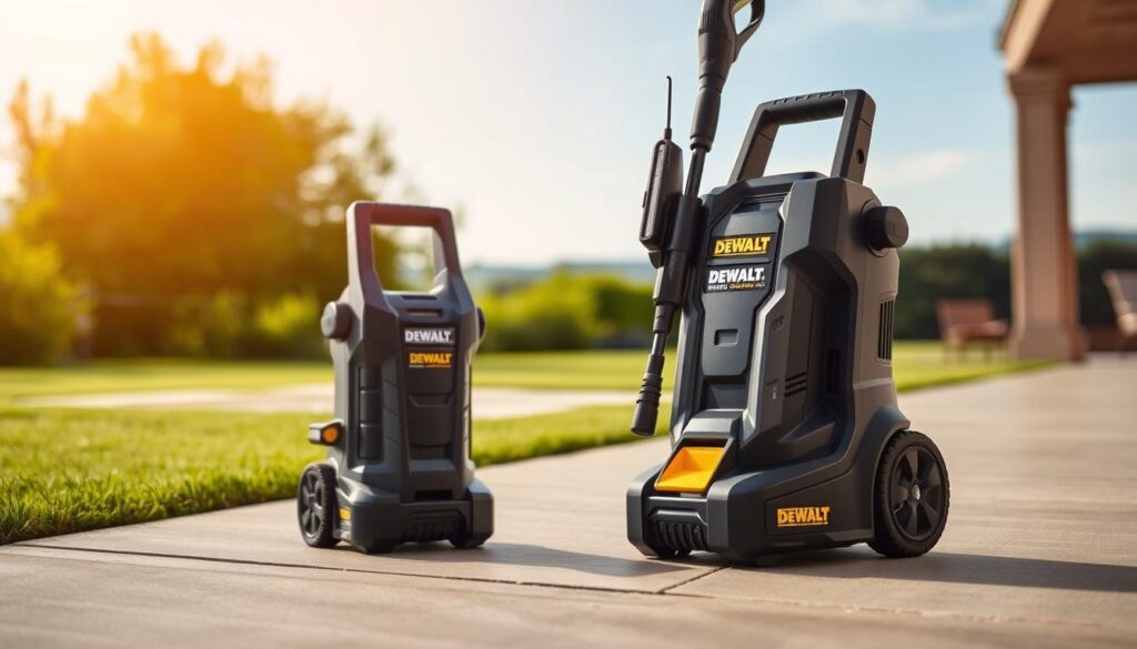 A cordless DEWALT pressure washer standing prominently in the foreground, its sleek and rugged design showcased under warm, natural lighting. The machine is depicted from a low angle, emphasizing its compact yet powerful presence. In the middle ground, a lush outdoor setting with vibrant greenery and clean, well-maintained surfaces, hinting at the versatility and portability of the pressure washer. The background features a sense of tranquility, with a clear sky and a subtle, blurred landscape, conveying the ease of use and mobility of this cordless cleaning solution.