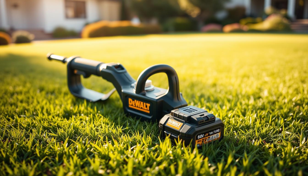 A cordless DeWalt 60V lawn trimmer rests on a lush green lawn, its sleek and sturdy design gleaming in the soft, diffused sunlight. The trimmer's ergonomic handle and lightweight body suggest effortless maneuverability, perfect for navigating around flower beds and tight spaces. In the middle ground, the trimmer's powerful 60V battery pack is visible, hinting at the cordless convenience and long-lasting power. The background features a well-manicured lawn, with hints of a picturesque suburban neighborhood in the distance, conveying a sense of ease and tranquility.