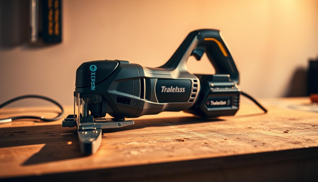 A cordless jigsaw rests on a workbench, its sleek and modern design catching the eye. The tool is illuminated by warm, directional lighting, casting dynamic shadows that accentuate its clean lines and ergonomic grip. In the foreground, the jigsaw's blade is visible, ready to effortlessly cut through various materials. The middle ground showcases the tool's battery pack, highlighting the convenience of cordless operation. The background features a neutral, uncluttered workspace, allowing the jigsaw to take center stage and showcase its versatility for DIY projects.