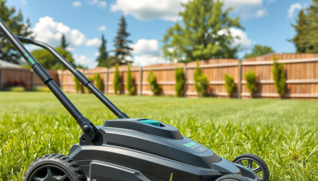 A cordless lawn mower in a lush, green backyard on a sunny day. The mower is in the foreground, its sleek, modern design and powerful 60V battery prominently displayed. In the middle ground, a well-manicured lawn stretches out, with vibrant green grass swaying gently in a light breeze. The background features a picturesque wooden fence, tall trees, and a clear blue sky with fluffy white clouds. The scene conveys a sense of efficiency, convenience, and environmental friendliness, perfectly capturing the benefits of using a cordless lawn mower for effortless lawn care.
