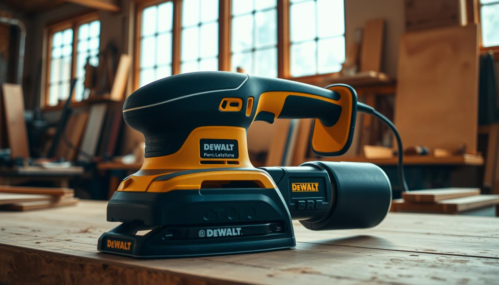 A cordless orbital sander in a well-lit workshop, cast in warm, natural light from large windows. The sander is the prominent focal point, its sleek and compact design showcasing the DEWALT branding. In the background, a variety of woodworking tools and materials create a sense of a productive, professional workspace. The sander's movements are blurred, conveying a sense of power and efficiency. The overall composition is balanced, with the sander taking center stage, surrounded by the tools and materials that would complement its use in a variety of woodworking projects.