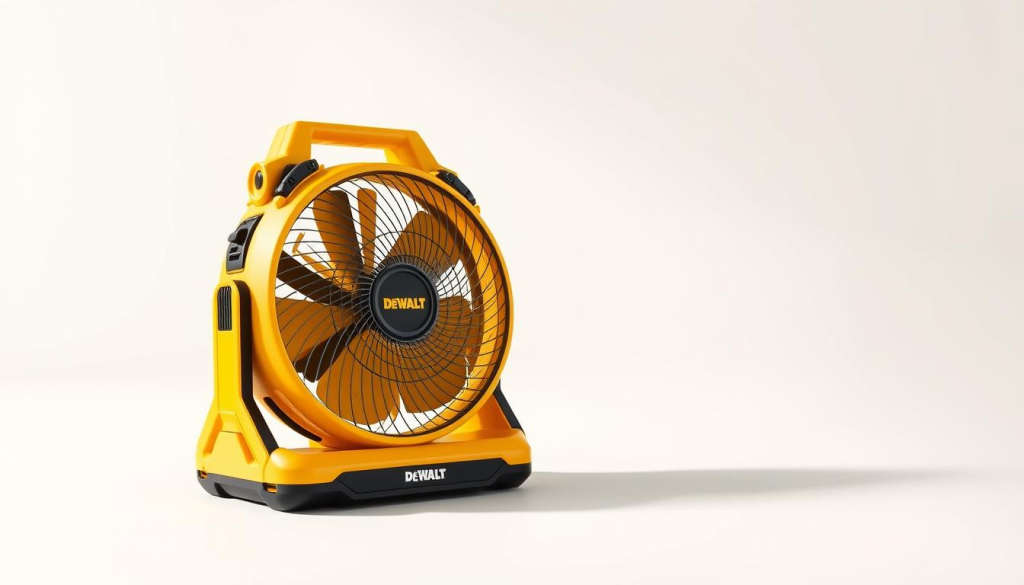 A cordless, portable DEWALT fan set against a clean, well-lit backdrop. The fan, rendered in high detail, showcases its sleek, modern design with bold yellow accents. It is positioned at an angle, highlighting its compact, lightweight form factor. The background is a bright, neutral space, allowing the fan to take center stage. Soft, diffused lighting casts subtle shadows, emphasizing the fan's sturdy construction and ease of portability. The overall atmosphere conveys a sense of efficiency, versatility, and the freedom to enjoy powerful cooling anywhere.