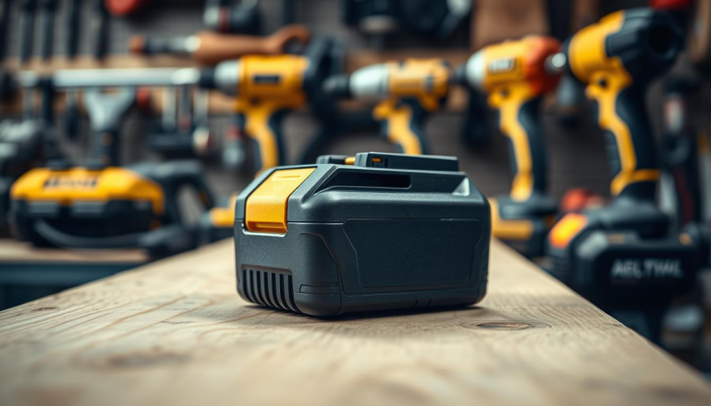 A cordless power tool battery resting on a wooden workbench, its sleek black casing and yellow accent highlighting its robust and durable construction. The battery is positioned in the foreground, casting a soft, warm glow from its metal contacts. The middle ground features a blurred backdrop of various power tools, suggesting a well-equipped workshop. The lighting is natural, with soft shadows and highlights accentuating the battery's shape and texture. The overall atmosphere conveys a sense of professionalism, efficiency, and the reliable performance expected from a high-quality power tool accessory.