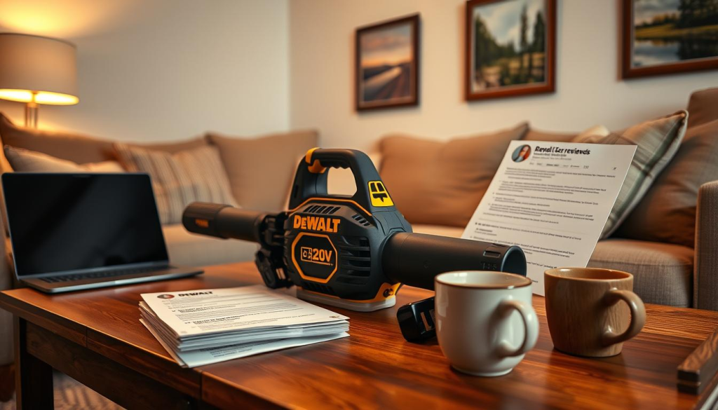 A cozy living room setting with a DEWALT 20V cordless blower prominently displayed on a wooden coffee table. The blower is surrounded by a stack of customer review printouts, a laptop, and a mug of hot coffee. Soft, warm lighting illuminates the scene, creating a comfortable and inviting atmosphere. The walls are adorned with framed nature photos, giving the impression of a peaceful, productive home office. The overall composition emphasizes the user experience and feedback, showcasing the DEWALT blower as the centerpiece of a well-appointed, functional space.