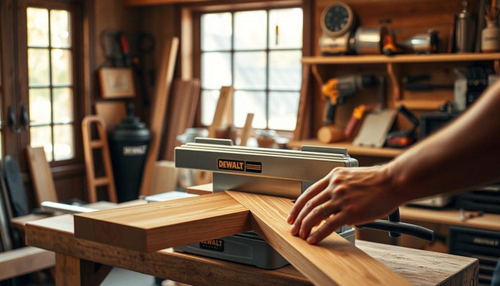 A cozy workshop interior with a well-lit DEWALT jointer taking center stage. The machine sits on a sturdy workbench, its gleaming chrome accents catching the warm, diffused light filtering through large windows. The jointer's sleek design and intuitive controls convey a sense of precision and craftsmanship. In the foreground, a skilled artisan's hands carefully guide a wooden board through the jointer, shaping it with smooth, effortless motions. The background features a neatly organized array of tools and materials, creating an atmosphere of focused productivity. The overall scene evokes a sense of comfort, where the jointer's reliable performance and the user's confidence blend seamlessly, enabling efficient and enjoyable woodworking.