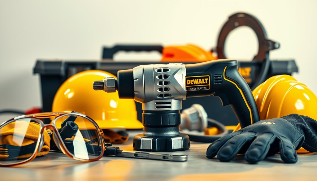 A crisp, highly detailed image of a DEWALT electric ratchet surrounded by relevant safety gear. The ratchet is placed prominently in the center, its sleek metallic finish gleaming under warm, directional lighting. In the foreground, safety goggles, protective gloves, and a hard hat are neatly arranged, emphasizing the importance of personal protective equipment. The middle ground features the ratchet's power cord and a toolbox, hinting at the professional workshop setting. The background is clean and uncluttered, allowing the safety gear and the ratchet to be the focal points. The overall mood is one of precision, care, and safety-conscious workmanship.