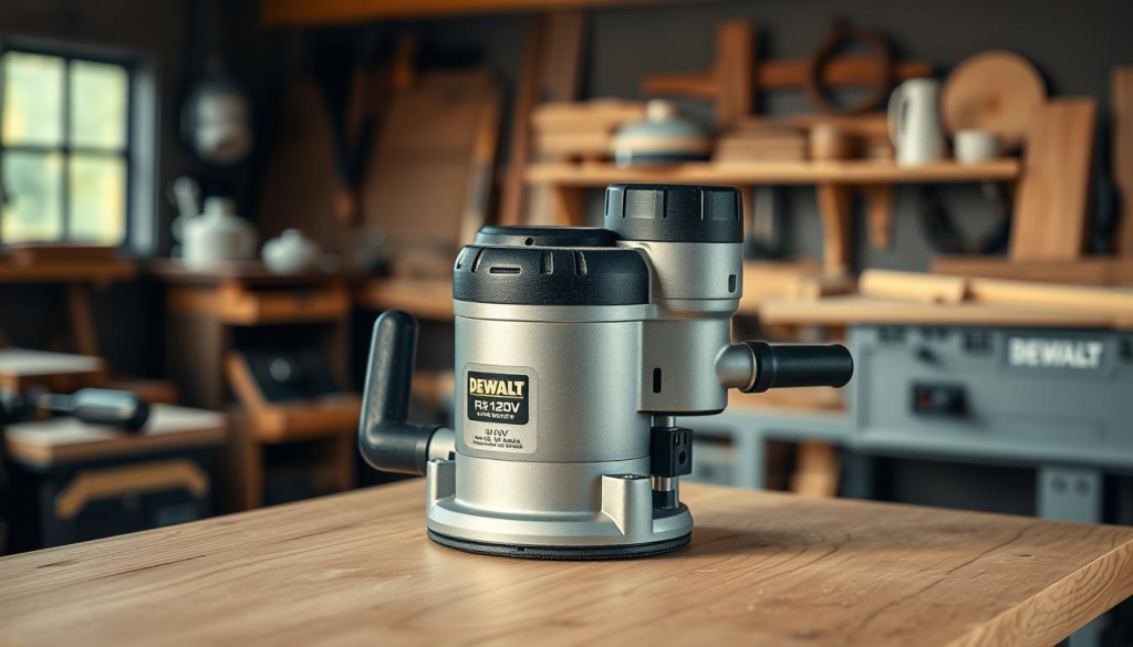 A crisp, metallic DEWALT 20V cordless trim router sits on a clean, wooden workbench, its sleek design and powerful motor beckoning to be put to work. Soft, directional lighting highlights the router's contours, casting subtle shadows that accentuate its precision engineering. In the background, a blurred scene of a well-equipped woodworking workshop suggests the router's role in creating intricate, expertly crafted pieces. The overall atmosphere conveys a sense of focused professionalism, underscoring the importance of using the right tool for the job when pursuing the highest levels of woodworking excellence.
