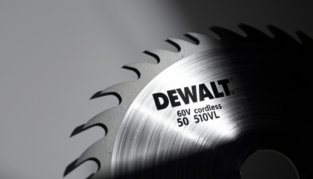 A crisp, well-lit close-up of a DEWALT 60V cordless circular saw blade, showcasing its precision teeth and sturdy construction. The blade is positioned at a slight angle, casting dramatic shadows that highlight its intricate design. The background is a soft, muted grey, allowing the blade to take center stage. The lighting is slightly directional, creating a sense of depth and dimensionality. The overall mood is one of quality, durability, and the high-performance capabilities of this specialized power tool accessory.