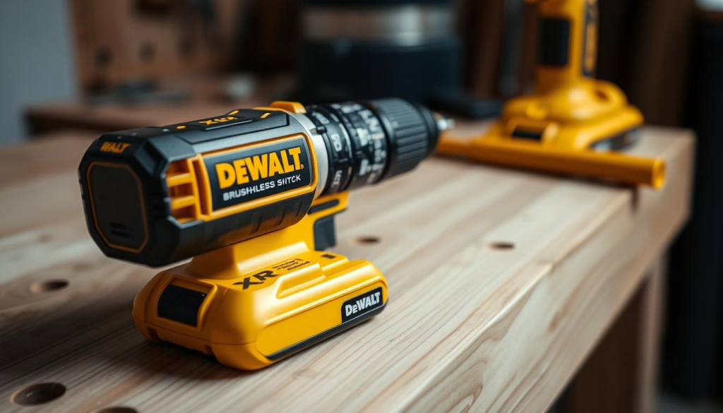 A crisp, well-lit close-up of a DeWalt XR cordless drill resting on a wooden workbench. The drill's sleek, black and yellow body is prominently displayed, highlighting its robust and ergonomic design. The brushless motor and XR lithium-ion battery pack are visible, showcasing the power and efficiency of this professional-grade tool. The background is slightly blurred, keeping the focus on the drill's key features. Soft, directional lighting casts subtle shadows, emphasizing the drill's contours and textures. The overall scene conveys a sense of quality, reliability, and the tool's ability to tackle a wide range of DIY projects with ease.