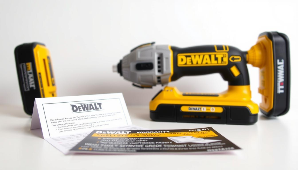 A crisp, well-lit photograph of a DeWalt cordless power tool with the warranty registration card and instructions laid out neatly in the foreground. The power tool is positioned prominently, showcasing its sturdy, professional-grade design. The registration card and instructions are clearly visible, allowing the viewer to understand the process of registering the warranty. The background is clean and uncluttered, placing the focus entirely on the subject matter. The lighting is soft and even, creating a sense of clarity and attention to detail. The composition is balanced, with the power tool and registration materials occupying the central space. The overall mood is informative and practical, reflecting the purpose of the image within the article.