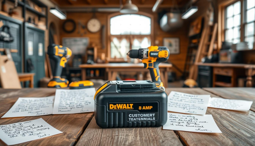 A customer testimonials display with a warm and inviting atmosphere. In the foreground, handwritten notes and reviews are neatly arranged on a rustic wooden surface, showcasing the DeWalt 8 Amp Battery's reliability and performance. The middle ground features a selection of DeWalt tools, including a cordless drill and impact driver, positioned to highlight their compatibility with the powerful battery. The background depicts a cozy, well-lit workshop setting, with hints of industrial décor and natural lighting filtering in through large windows. The overall composition evokes a sense of trust, authenticity, and a satisfied customer base.