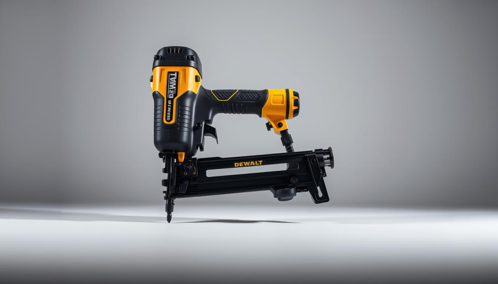 A detailed DEWALT 20V Framing Nailer with a brushless motor, captured in a clean, well-lit studio setting. The tool is positioned prominently in the center, showcasing its sleek, modern design and key features like the adjustable depth-of-drive, tool-free jam clearing, and LED lights. The nailer is surrounded by a minimalist, gray background that allows the product to be the main focus. Lighting is soft and diffuse, creating subtle shadows that accentuate the nailer's contours and surfaces. The overall mood is professional, technical, and optimized for showcasing the tool's capabilities for precision nailing in woodworking projects.