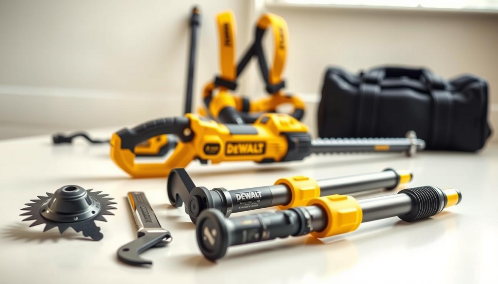 A detailed and high-quality photograph of DEWALT 20V cordless pole saw accessories, arranged on a clean, well-lit surface. In the foreground, the key attachments such as the pruning saw blade, hedge trimmer blade, and extendable pole sections are displayed prominently. In the middle ground, additional accessories like the battery charger, safety harness, and carrying case are visible. The background is softly blurred, creating a sense of depth and focus on the subject matter. The lighting is natural and diffused, highlighting the professional-grade build quality and sturdy design of the DEWALT tools. The overall mood is one of precision, functionality, and the rugged dependability associated with the DEWALT brand.