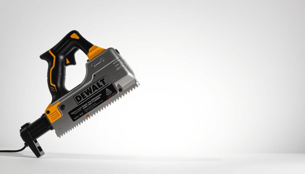 A detailed and well-crafted DEWALT hand saw, prominently displayed against a clean, white background. The saw features a sturdy, ergonomic handle, sharp and durable teeth, and a sleek, metallic body. Crisp shadows and highlights accentuate the tool's precision engineering and high-quality construction. The composition emphasizes the saw's key features, showcasing its versatility and suitability for a wide range of woodworking projects. The overall mood is one of professionalism, practicality, and attention to detail, reflecting the DEWALT brand's reputation for reliable, high-performance tools.