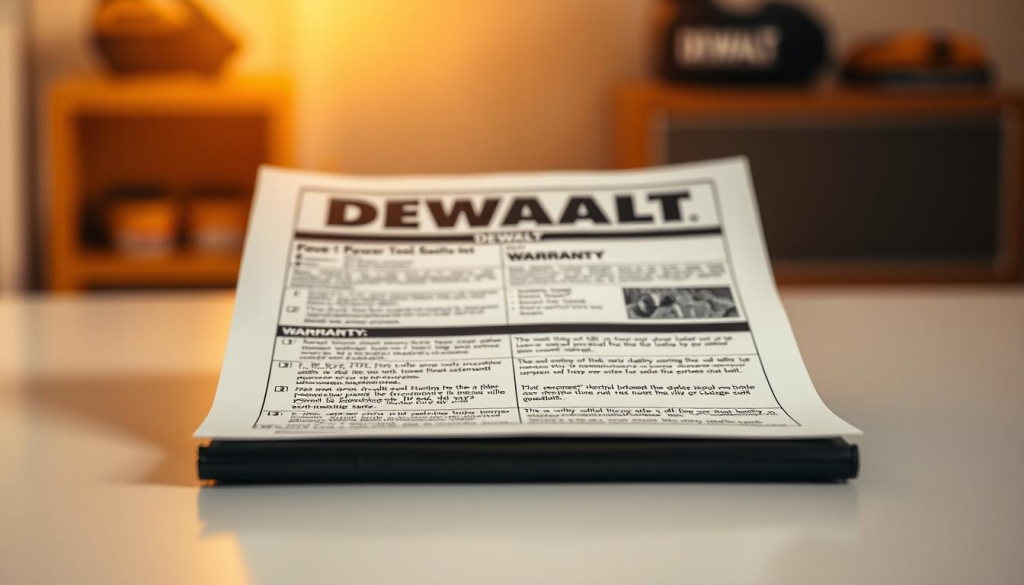 A detailed close-up photograph of a DEWALT power tool warranty document, showcased against a soft, out-of-focus background. The document is displayed on a clean, minimalist surface, with warm, natural lighting illuminating the crisp, high-quality text and graphics. The overall composition emphasizes the importance and clarity of the warranty information, conveying a sense of reliability and trust in the DEWALT brand. The image should be taken from a slightly elevated angle, creating a sense of professionalism and attention to detail.