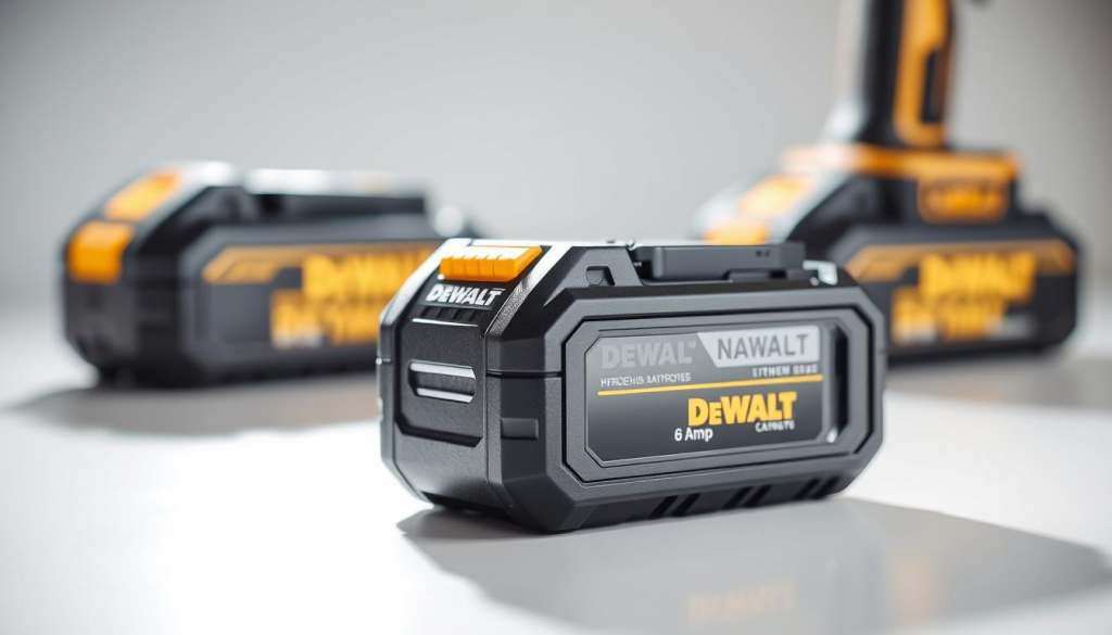 A detailed close-up shot of a DEWALT 6 amp lithium-ion battery pack, showcasing its robust construction and sleek design. The battery is placed on a clean, reflective surface, allowing the viewer to clearly see its dimensions and features. Bright, directional lighting accentuates the battery's textured casing, creating subtle shadows that highlight its angular edges. In the background, two other battery packs, representing competing brands, are visible in a slightly blurred state, creating a sense of comparison and contrast. The overall scene conveys a professional, technical atmosphere, inviting the viewer to examine and compare the DEWALT battery's capabilities.