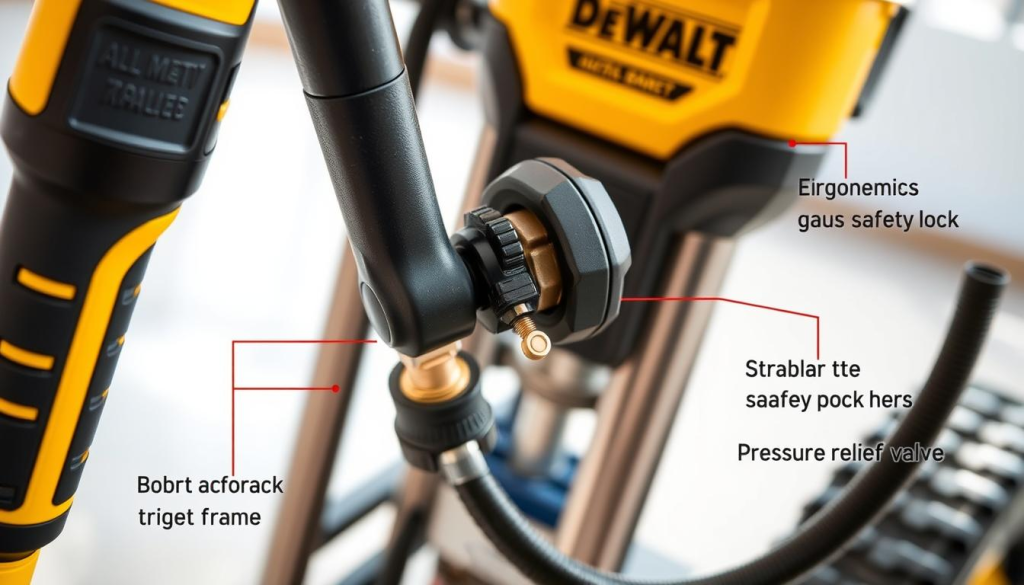 A detailed close-up shot of a DEWALT power washer, showcasing its key safety features. The foreground focuses on the ergonomic trigger handle with a secure safety lock, the robust brass fittings, and the high-pressure hose with its durable couplings. The middle ground reveals the sturdy all-metal frame and the safety-rated pressure relief valve. In the background, a clean, bright setting with natural lighting illuminates the power washer's sleek, industrial design. The overall mood conveys a sense of reliability, durability, and attention to safety that exemplifies the DEWALT brand.
