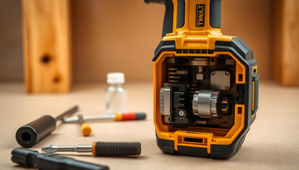 A detailed close-up shot of a DeWalt cordless screw gun, meticulously maintained. In the foreground, the open casing reveals the inner workings - gears, motors, and brushes, all clean and well-oiled. The middle ground showcases a selection of maintenance tools: a screwdriver, a brush, and a small container of lubricant. The background is a simple, neutral workspace, allowing the focus to remain on the screw gun and its upkeep. Warm, diffused lighting illuminates the scene, emphasizing the precision and care required to keep this power tool in top condition. The overall mood is one of diligent attention to detail, reflecting the importance of proper maintenance for the DeWalt screw gun's optimal performance and longevity.