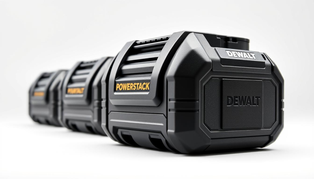 A detailed close-up shot of the DeWalt PowerStack 5Ah battery pack from multiple angles, showcasing its rugged and compact design. Bright studio lighting illuminates the battery's sleek black exterior, highlighting its textured grip surfaces and visible power terminals. The image captures the battery's ergonomic shape and robust construction, conveying a sense of reliability and durability. The background is a clean, neutral setting, allowing the battery to be the focal point and emphasizing its user-friendly features.