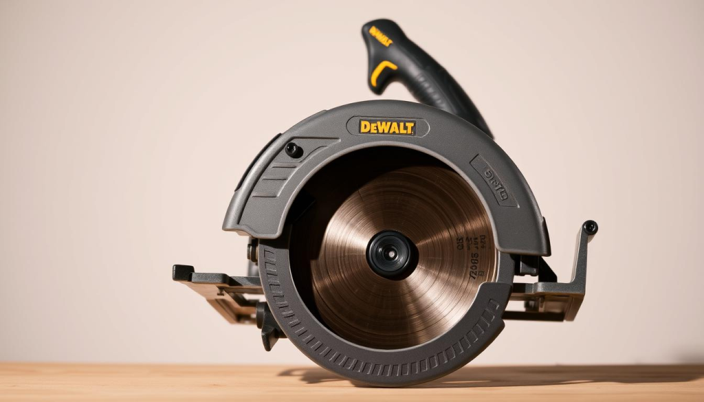 A detailed close-up view of a DEWALT brand circular saw, showcased against a clean, minimalist background. The saw's powerful 15-amp motor and 7-1/4-inch carbide-tipped blade are prominently displayed, casting dynamic shadows that accentuate its robust construction. The image is captured using a wide-angle lens to emphasize the saw's impressive size and industrial design, with a warm, neutral lighting that highlights the tool's sleek, dark grey finish. The overall composition conveys the saw's sturdy, reliable, and high-performance capabilities, perfectly suited for the "Tool Breakdown: Circular Saw" section of the article.