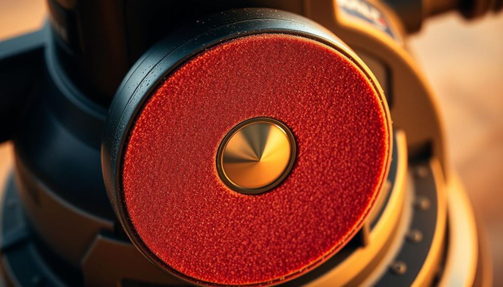 A detailed close-up view of a Dewalt orbital sander pad, showcasing its features. The pad is circular, made of high-quality abrasive material, and sits atop a sturdy metal base. The surface is evenly textured, with a pattern of microscopic grit particles that provide an efficient and consistent sanding performance. The pad is mounted on a durable spindle, allowing for smooth and controlled orbital motion. Soft, pliable edges ensure a comfortable grip and minimize the risk of marring the workpiece. Warm, indirect lighting highlights the tool's sleek, professional design and emphasizes the attention to detail in its construction.