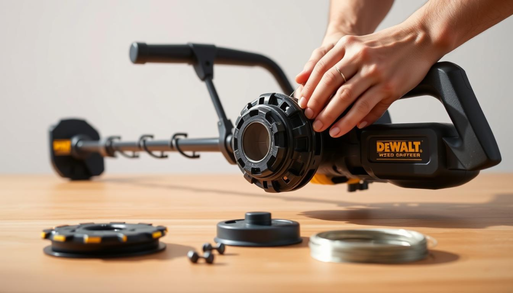 A detailed, close-up view of a person's hands replacing the spool head on a DEWALT weed eater. The subject is set against a clean, well-lit background, with the weed eater components laid out neatly in the foreground. The hands are shown precisely aligning the new spool and carefully threading the line, showcasing the step-by-step process. The lighting is soft and natural, creating a serene, instructional atmosphere. The composition emphasizes the intricate mechanical details, encouraging the viewer to follow along and understand the replacement procedure.